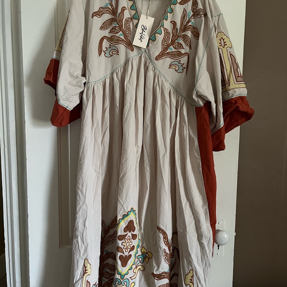Cream Embroidered Maxi Dress with Rust and Teal Accents